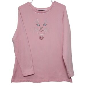 Quacker Factory Pink Kitty Face Rhinestone Sweatshirt Y2KGrandmacore Coquette XS